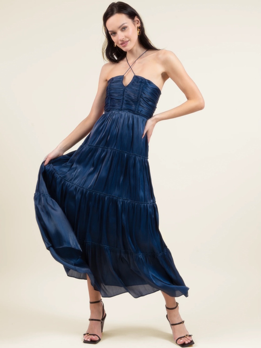 Caara Women's Sz XL Halter Dress Navy Blue Tiered Maxi V-Neck Sleeveless Strappy